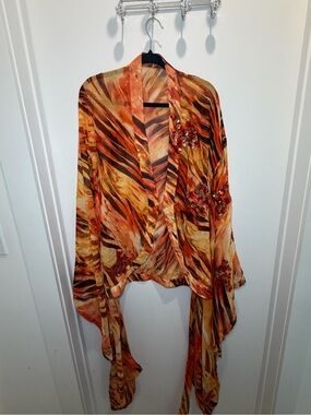 Beautiful Orange Abstract Print Draped Women's Coverup